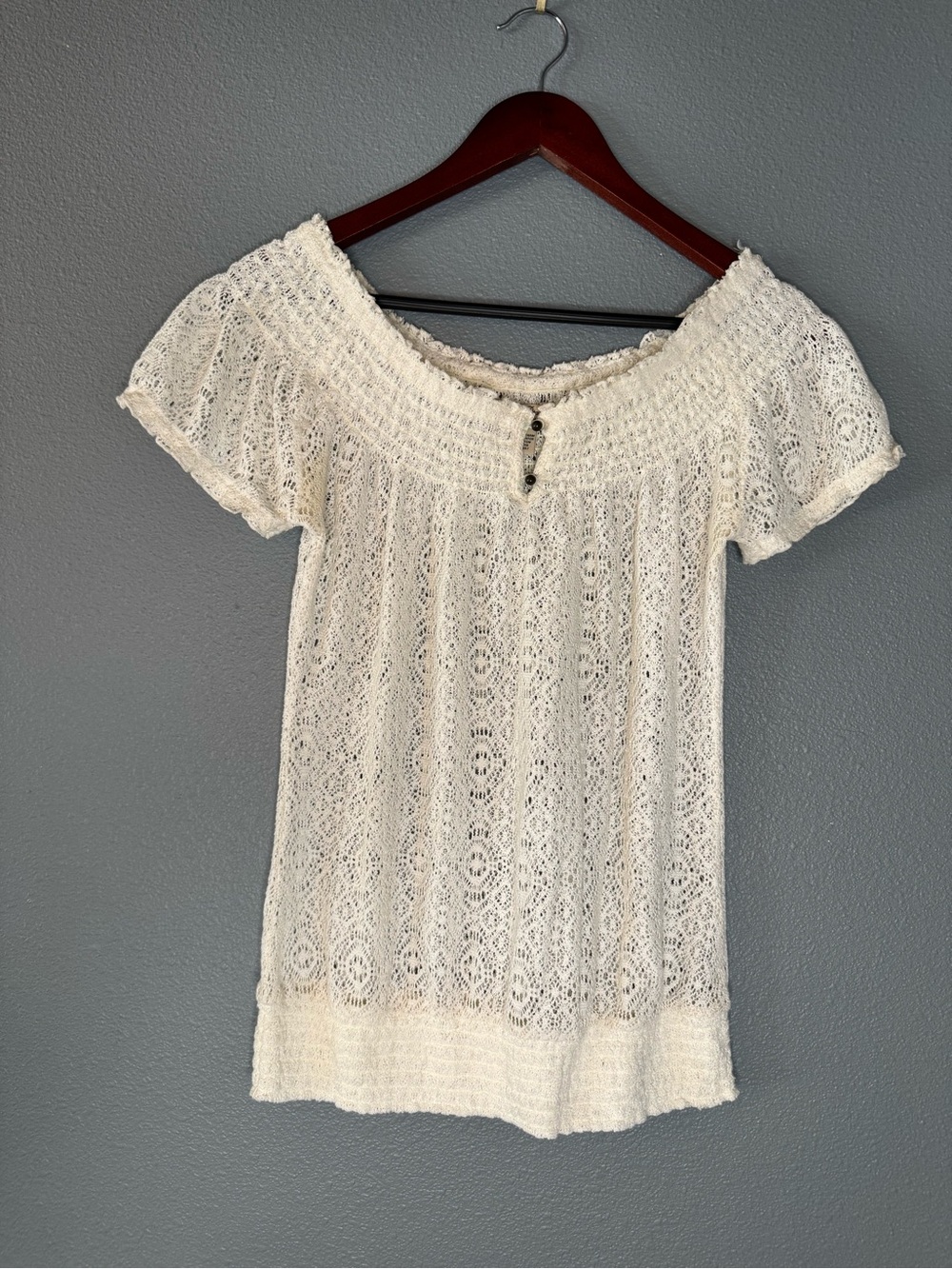 Lucky Brand Lace Off Shoulder Top Medium Ivory Boho Smocked Blouse